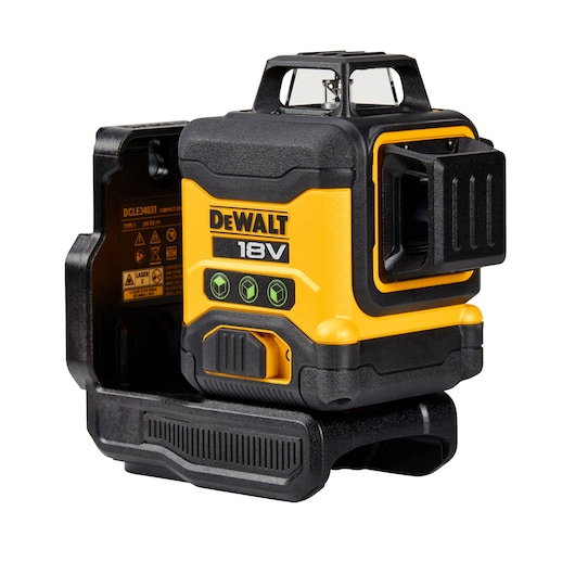 DEWALT 18V compact laser level device, black and yellow, shown with buttons and mount, model DCLE34031N.