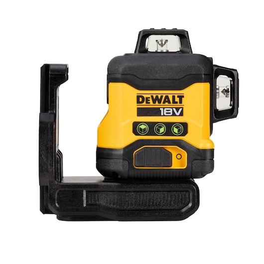 DEWALT 18V yellow and black laser level tool with mounting bracket, shown on a white background.