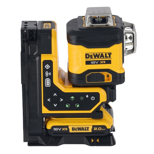 DEWALT 18V XR laser level with control buttons and battery, shown from the side.