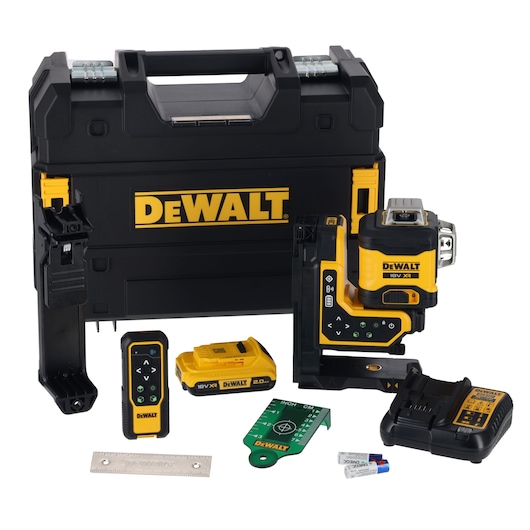 A DEWALT laser level kit including a black and yellow hard case, laser level device, battery, remote control, charger, ruler, target card, and two small batteries.