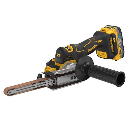 DEWALT cordless belt file in black and yellow with handle and battery pack for sanding and polishing.