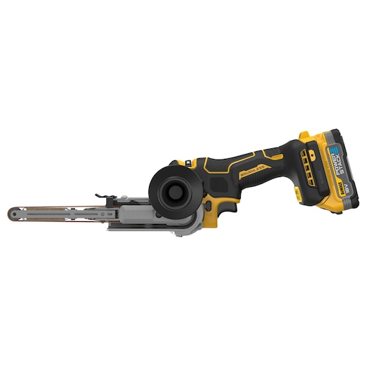 DEWALT cordless electric belt sander with ergonomic black and yellow handle and 18V battery.