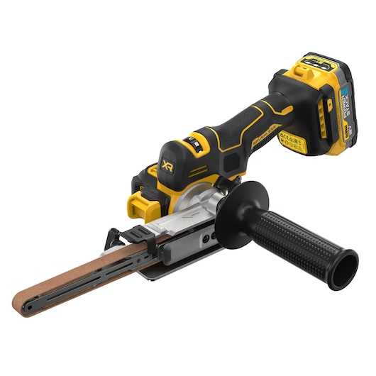 DEWALT cordless belt file with battery, ergonomic grip and handle for sanding or grinding.