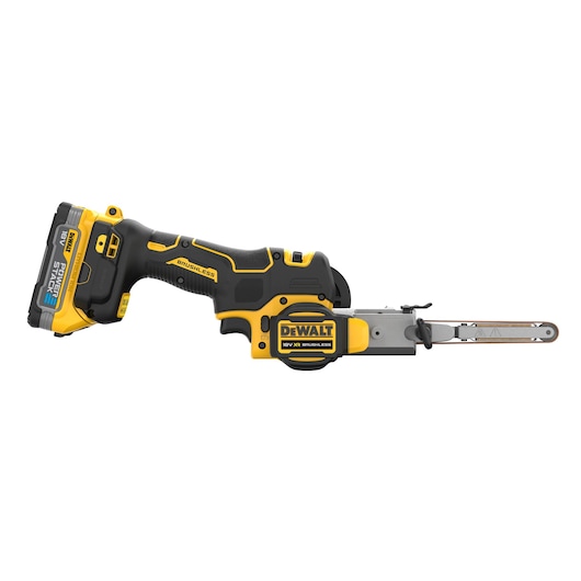 DEWALT cordless belt sander with 18V battery and brushless motor, shown in side profile.