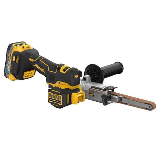 DEWALT cordless belt sander with handle and battery, black and yellow design, shown on white background.