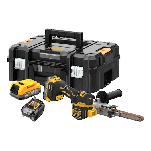 DEWALT cordless belt sander kit with carry case, two batteries, charger, and handheld tool.