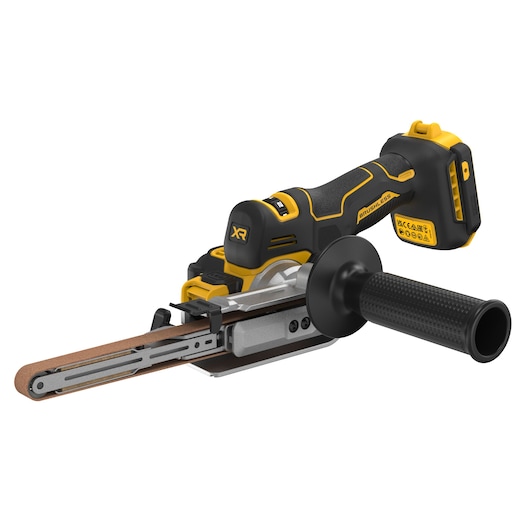 DEWALT cordless brushless belt sander with ergonomic handle and narrow sanding belt, model DCM200NT.