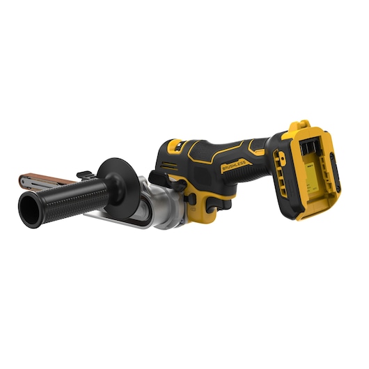 DEWALT cordless brushless belt sander with side handle, yellow and black, no battery attached.