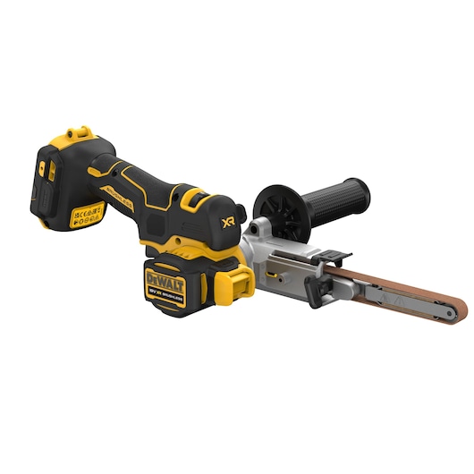 DEWALT cordless detail belt sander with black and yellow body and ergonomic handle.