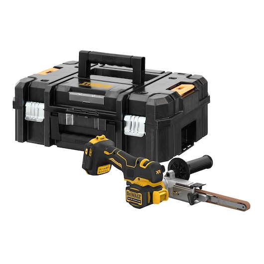 DEWALT cordless file tool with black storage case. Tool is yellow and black, suitable for workshop or jobsite use.