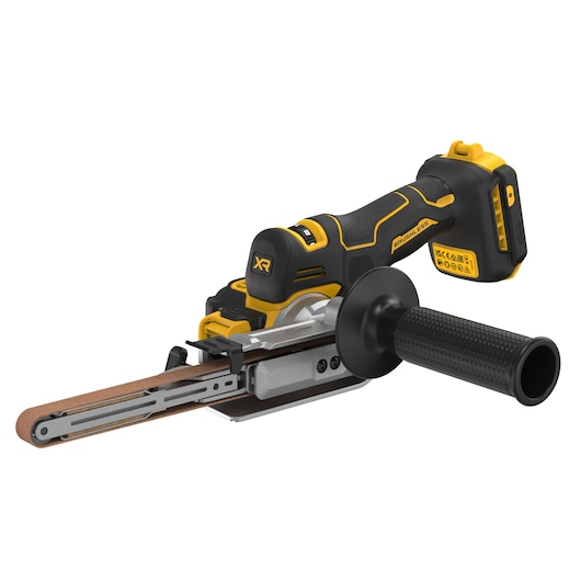 DEWALT cordless belt sander with black and yellow design, ergonomic handle and compact body.