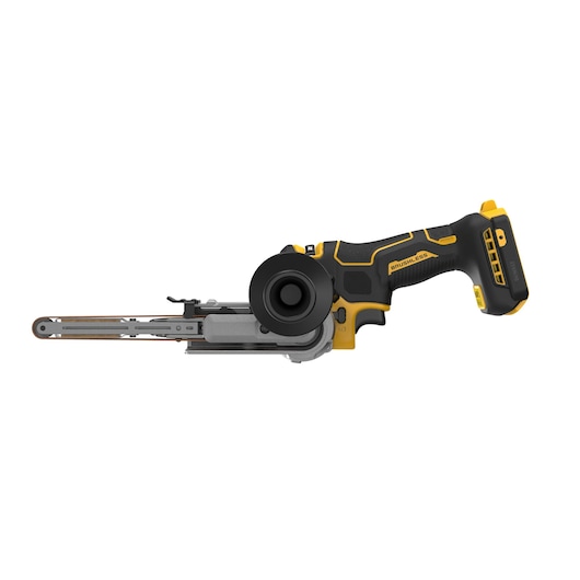 DEWALT cordless belt sander with brushless motor in black and yellow, side profile view.