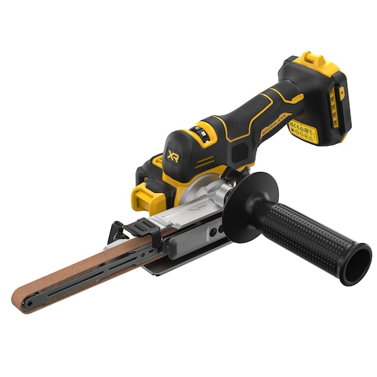 DEWALT cordless belt sander with black and yellow design, shown with handle and sanding belt attached.