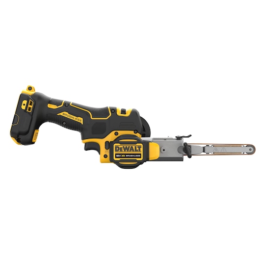 DEWALT cordless brushless belt sander, black and yellow, side view with extended sanding arm.