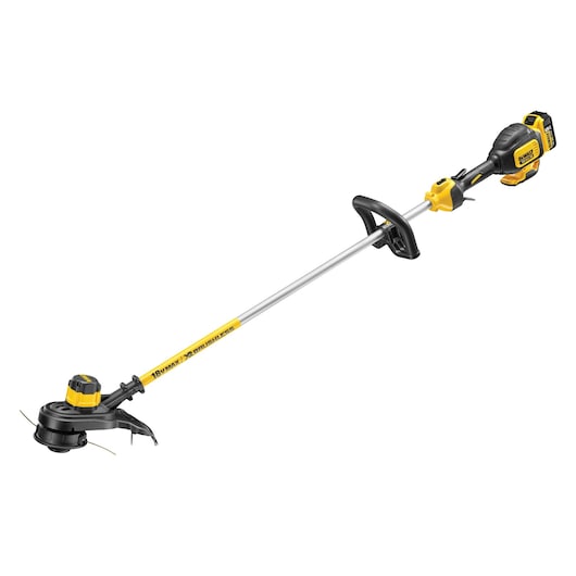 Cordless DEWALT grass trimmer with yellow and black design, battery attached to handle.
