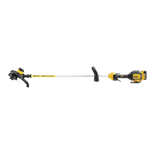 DEWALT cordless brushless string trimmer with yellow and black design, battery-powered for lawn maintenance.