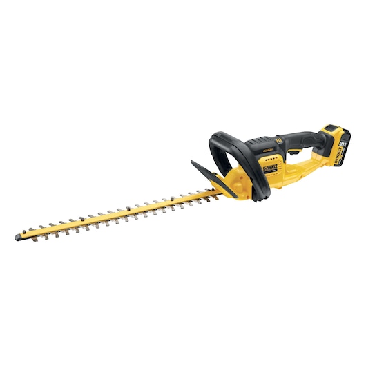 Yellow and black DEWALT cordless hedge trimmer with battery and protective handle on white background.