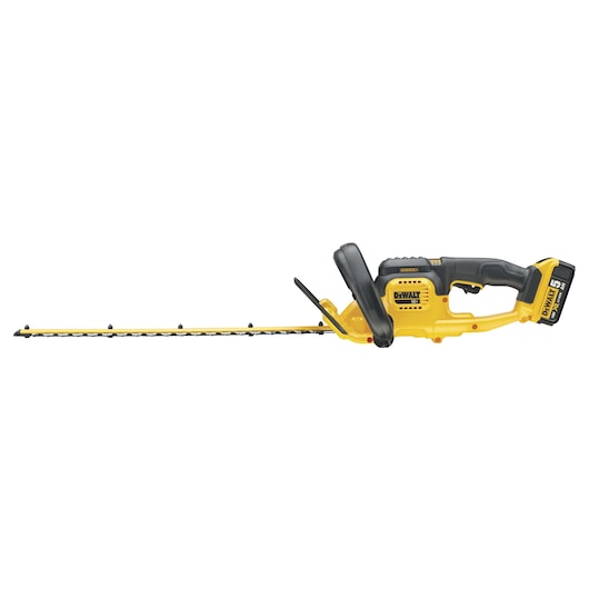 DEWALT cordless hedge trimmer with yellow and black body, long blade, and rechargeable battery.