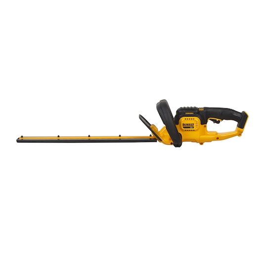 DEWALT cordless hedge trimmer with long blade and ergonomic handle, shown in yellow and black color.