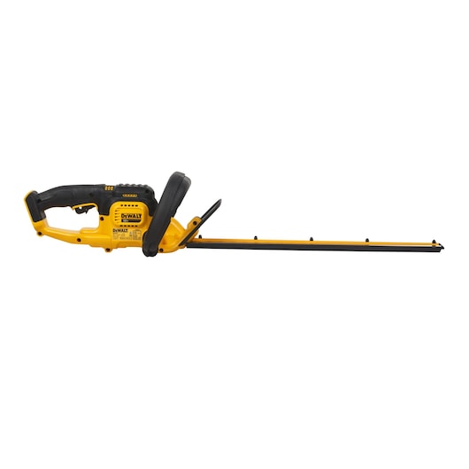Yellow and black DEWALT cordless hedge trimmer with long blade, shown on white background.