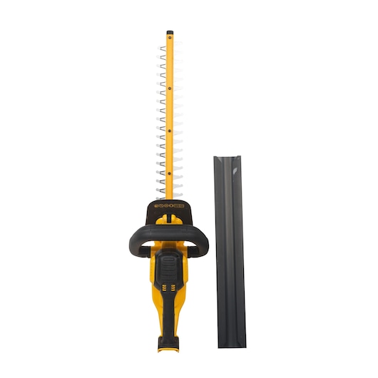 DEWALT cordless hedge trimmer DCM563PB, yellow and black, with a blade cover shown next to it.