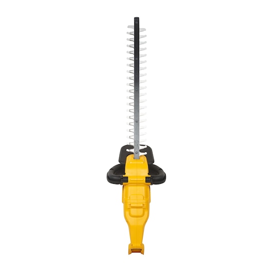 Front view of a yellow DEWALT cordless hedge trimmer, showing blade and handle against white background.