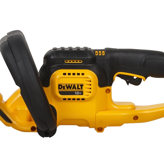 Side view of a yellow and black DEWALT 18V power tool with ergonomic handle and protective guard.