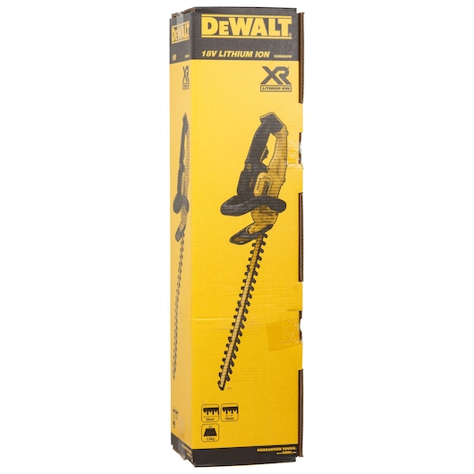 DeWalt DCM563PB 18V cordless hedge trimmer box, yellow with product image and specifications.