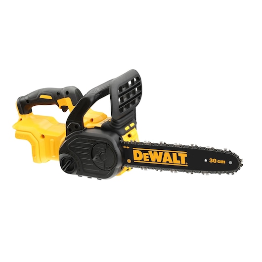 DEWALT cordless chainsaw with 30 cm blade, yellow and black design, shown on white background.