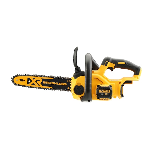 A yellow and black cordless brushless chainsaw with an 18V battery, featuring the DEWALT logo and XR branding, displayed on a white background.
