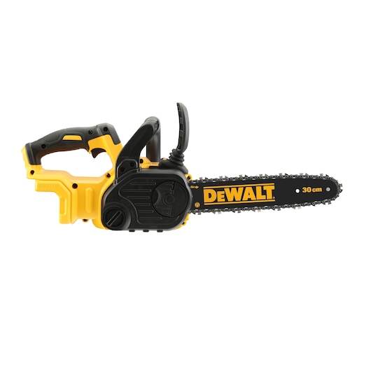 DEWALT DCM565N 30 cm cordless chainsaw with ergonomic handle, black and yellow design, side view.