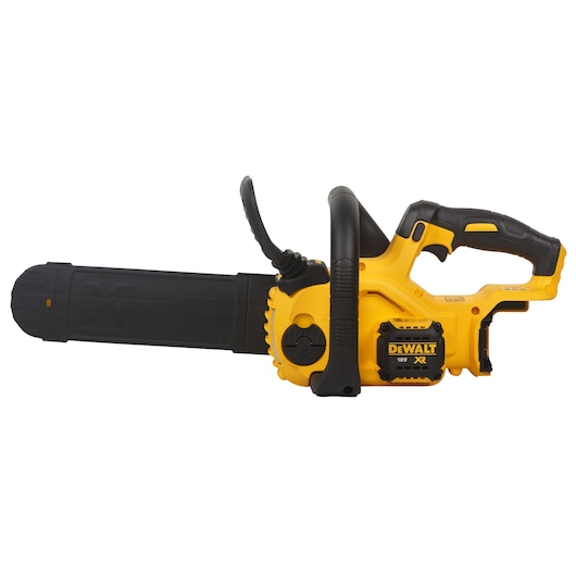 Yellow DEWALT cordless chainsaw with black handle and blade cover, model DCM565N, shown on a white background.