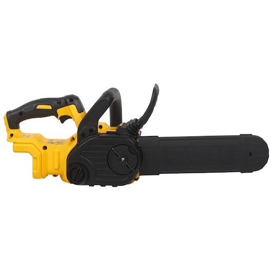 DEWALT cordless chainsaw with black and yellow body and blade cover, side view on white background.