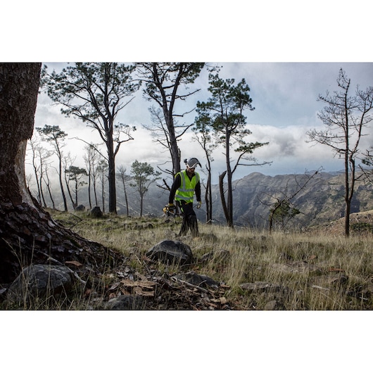 Worker in safety gear walking in a forested mountain area, holding equipment, surrounded by tall trees and rocks.