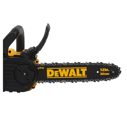Close-up of a DEWALT chainsaw, showing the 12-inch (30 cm) blade with branding and handle visible.
