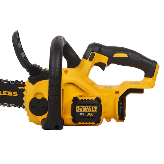 DEWALT cordless chainsaw with yellow and black body, 18V XR model, side view shown.