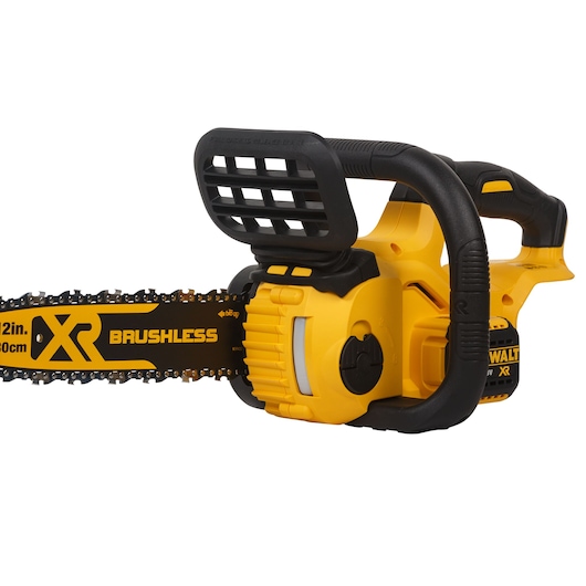 Yellow DEWALT cordless chainsaw with brushless motor and 30cm blade, shown close up on white background.