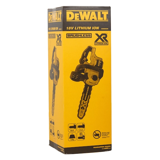 DEWALT DCM565N 18V XR Brushless Chainsaw box with product features and yellow-black design.