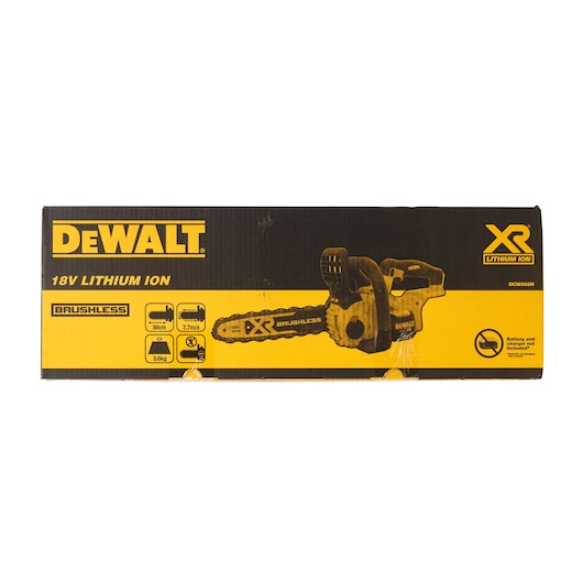DEWALT DCM565N chainsaw box, 18V lithium-ion, brushless, yellow and black packaging.