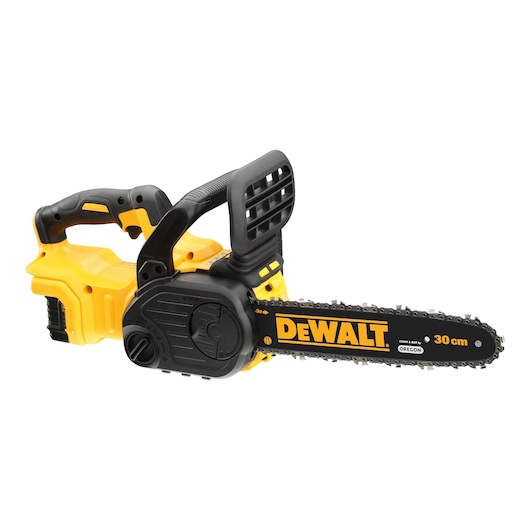 DEWALT cordless chainsaw with 30 cm blade, yellow and black, suitable for wood cutting tasks.