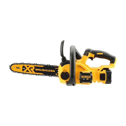 DEWALT 18V XR Brushless cordless chainsaw with yellow and black design, side view.
