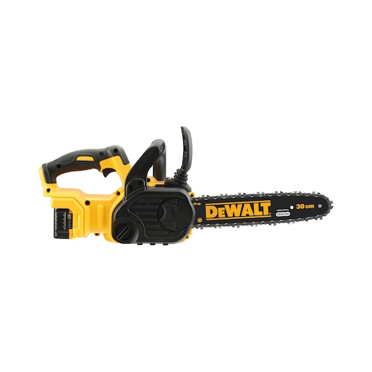 DEWALT cordless chainsaw with 30 cm blade, yellow and black design, side view.
