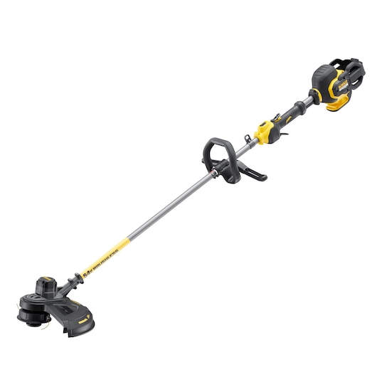 Cordless yellow and black DEWALT grass trimmer with a straight shaft, handle, and cutting head.