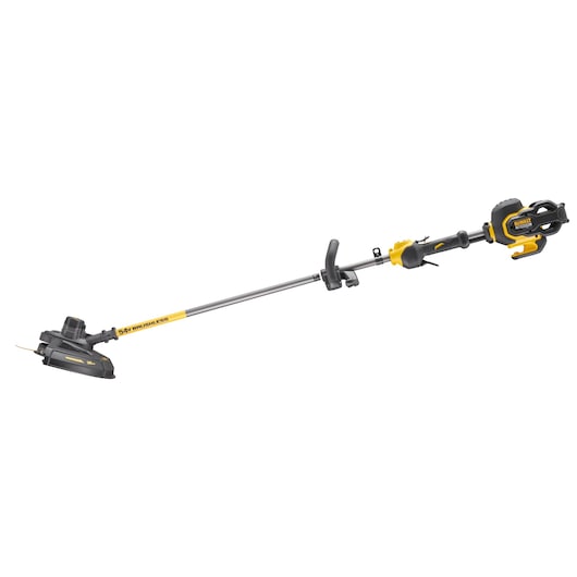 DEWALT DCM571N cordless brushless grass trimmer with a yellow and black design, featuring a long metal shaft and ergonomic handle.