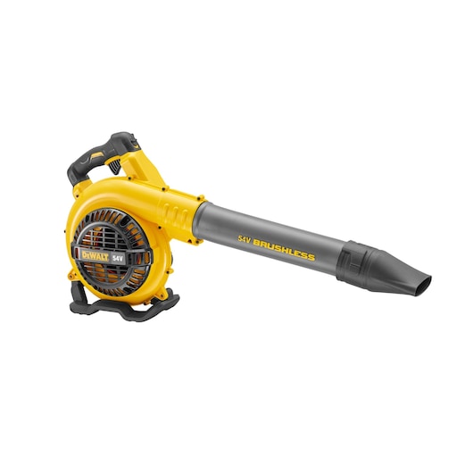 DEWALT 54V cordless brushless power blower with ergonomic handle, shown on white background.