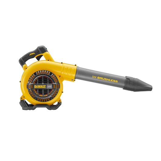 Yellow DEWALT 54V brushless cordless blower with ergonomic handle and black nozzle, shown on white background.