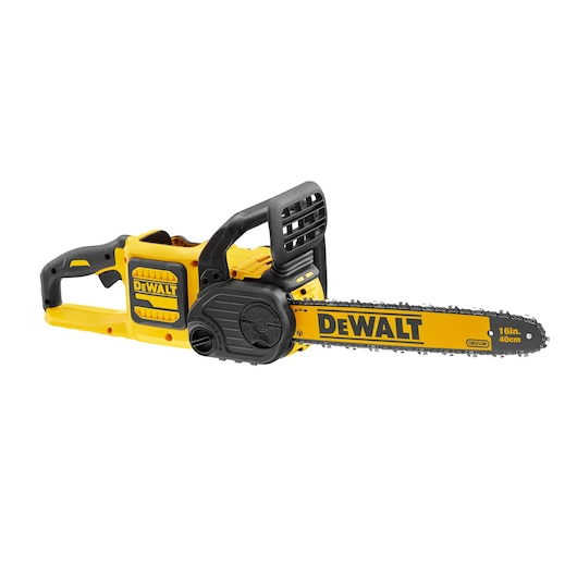 DEWALT yellow and black cordless chainsaw with 16-inch blade, shown on a white background.