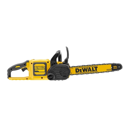 Yellow and black DEWALT chainsaw with ergonomic handle and 16-inch blade, side view on white background.