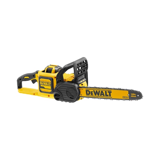 DEWALT 16-inch cordless chainsaw, yellow and black, with safety handle and visible branding.