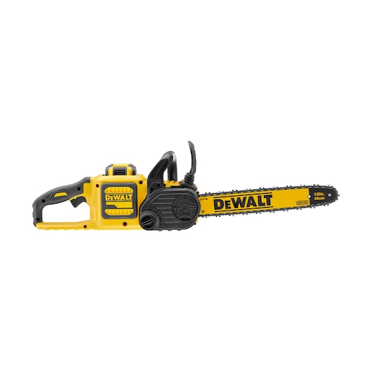 Yellow DEWALT cordless chainsaw with black handle and 16-inch blade, displayed on a white background.